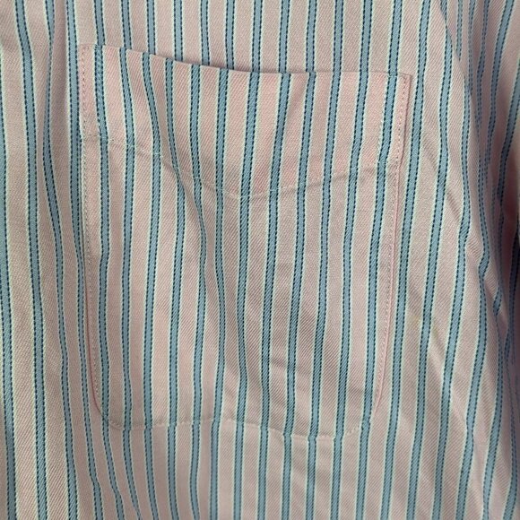 Thomas Pink Shirt Mens 15.5 Slim Fit Traveller Pink Blue Stripe Cotton Button Up - Picture 4 of 7